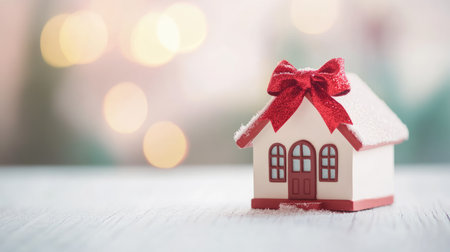 A miniature house with a festive bow on the roof, perfect for themes of gifts, real estate, or home buying, with copy spaceの素材