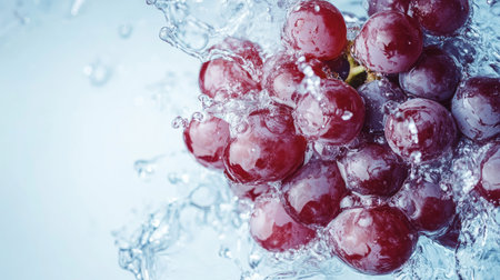 Grapes with water splashes from above, ample space available on the top for textの素材