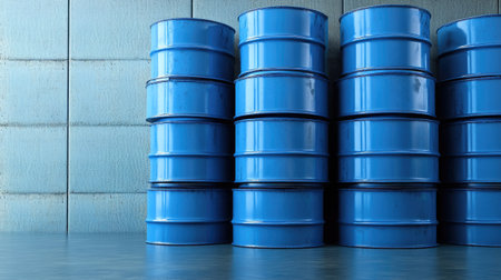 Blue oil barrels arranged in a warehouse setting, with a clean background and space for text, emphasizing industrial storageの素材