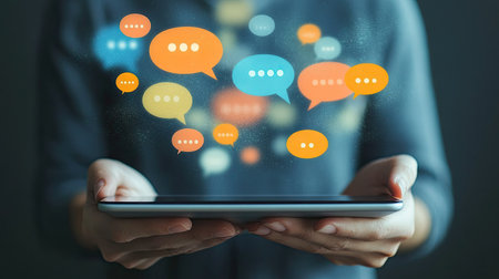 A tablet held by a person with numerous speech bubbles bursting out of the screen, representing online chats and discussionsの素材