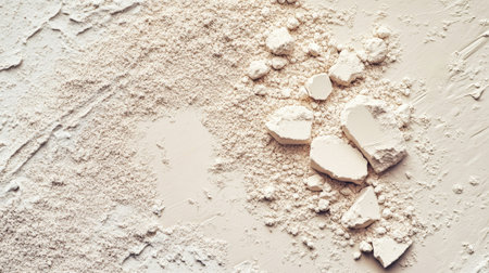 Kaolin clay, finely ground, spread across a flat surface, with small piles and scattered powder. No people, copy spaceの素材