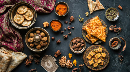 Top view of a festive spread with Indian spices, sweets, and snacks on a decorative clothの素材
