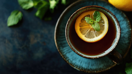A cup of black tea (kadak chai) with a slice of lemon and fresh mint leaves. Close-up with copy space.の素材