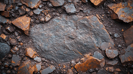 Iron ore scattered across a rugged surface, with rust stains visible around the edges. No people, copy spaceの素材