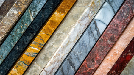Marble slabs of various colors stacked neatly, showcasing their polished surfaces and veins. No people, copy spaceの素材