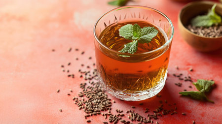 Refreshing glass of jal-jeera with mint leaves and cumin seeds on a bright background. Copy space available.の素材