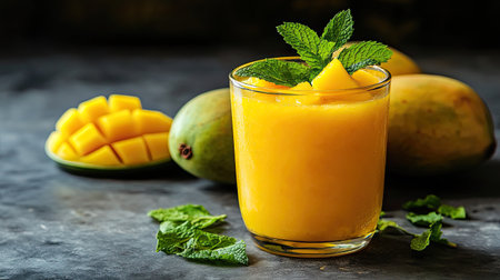 Refreshing glass of aam panna with mint garnish, surrounded by raw mangoes. Copy space available.の素材