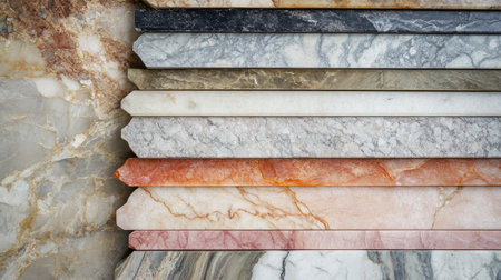 Marble slabs of various colors stacked neatly, showcasing their polished surfaces and veins. No people, copy spaceの素材