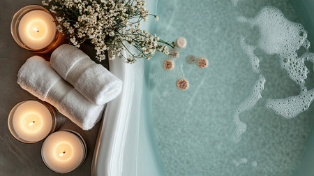 Bathtub with rolled towels, candles, and bath salts. Top view with ample copy spaceの素材