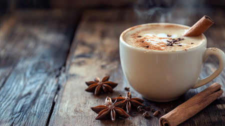 Steaming cup of spiced chai latte with cinnamon stick and star anise on a wooden table. Copy space available.の素材