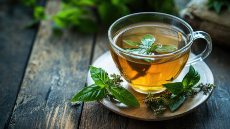 A cup of green tea with tulsi (holy basil) leaves on a wooden table. Copy space available.の素材