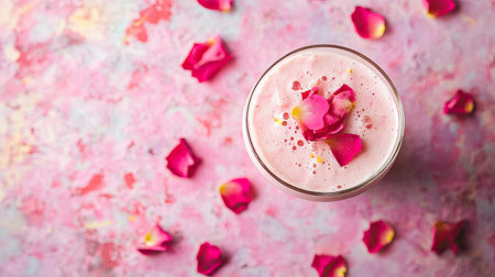 Top view of a cold glass of rose milkshake with rose petals on a vibrant background. Copy space available.の素材