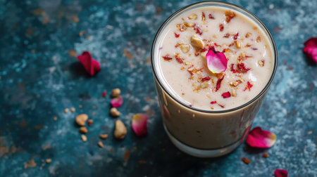 Top view of a chilled glass of thandai garnished with rose petals and nuts. Copy space available.の素材