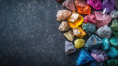 Raw gemstones, unpolished and rough, spread out in a colorful array on a dark background. No people, copy spaceの素材