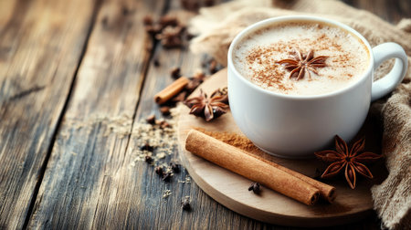 Steaming cup of spiced chai latte with cinnamon stick and star anise on a wooden table. Copy space available.の素材
