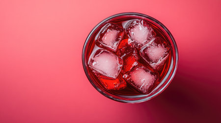 Top view of a cold glass of Rooh Afza with ice cubes on a vibrant background. Copy space available.の素材