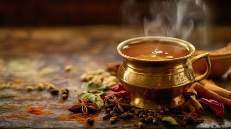 Steaming cup of masala chai in a traditional brass cup, surrounded by whole spices. Copy space.の素材