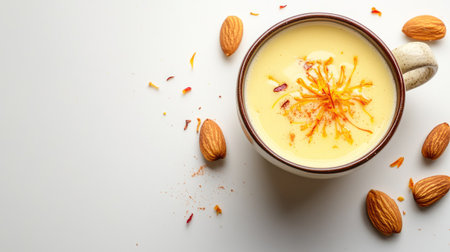 Top view of a cup of kesar badam milk with saffron strands and almonds on a white background. Copy space. -の素材