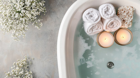 Bathtub with rolled towels, candles, and bath salts. Top view with ample copy spaceの素材