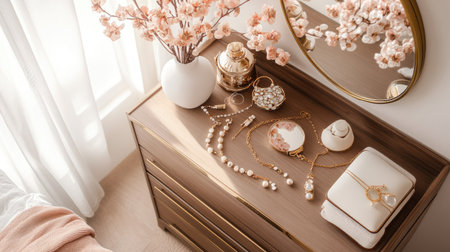 Bedroom dresser with a mirror, jewelry, and decorative items. Top view, copy space availableの素材