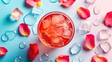 Top view of a glass of sherbet with rose petals and ice cubes on a colorful background. Copy space available.の素材
