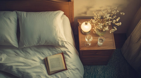 Bedroom bedside table with a lamp, water glass, and book. Top view with copy spaceの素材