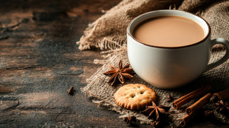 Steaming cup of masala chai with whole spices and a biscuit on a rustic background. Copy space available.の素材