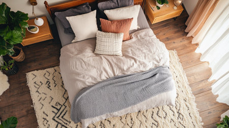 Bedroom with a neatly made bed, nightstands, and a soft rug. Top view, ample copy spaceの素材