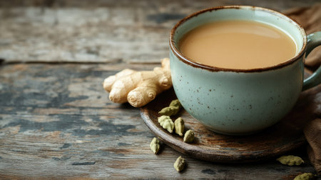 A cup of hot masala chai with ginger and cardamom pods on a rustic wooden table. Close-up with copy space.の素材