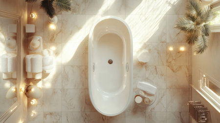 Bathroom with elegant lighting and a ceiling fan for comfort. Top view with space for textの素材