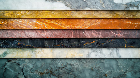 Marble slabs of various colors stacked neatly, showcasing their polished surfaces and veins. No people, copy spaceの素材