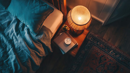 Bedroom side table with a lamp, book, and alarm clock. Top view with copy spaceの素材