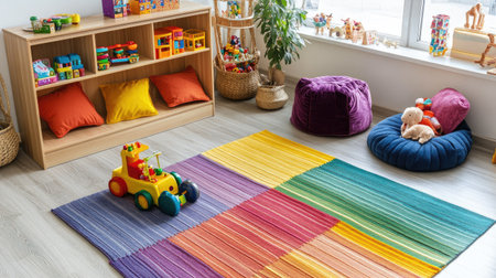 Children room with colorful furniture, toys, and a cozy rug. Top view, copy space availableの素材