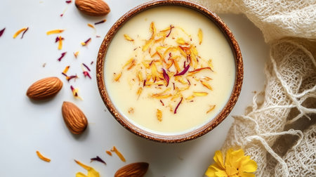 Top view of a cup of kesar badam milk with saffron strands and almonds on a white background. Copy space. -の素材