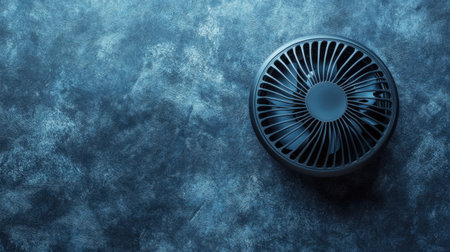Battery-operated fan with a compact design, cooling a small area. Top view with space for copyの素材