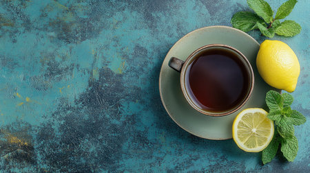 Top view of a cup of black tea with a slice of lemon and fresh mint on a textured background. Copy space.の素材
