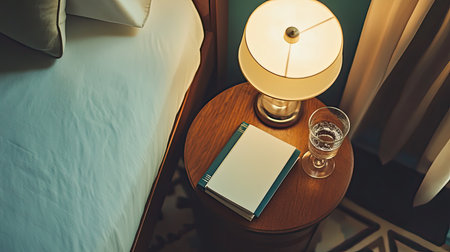 Bedroom bedside table with a lamp, water glass, and book. Top view with copy spaceの素材