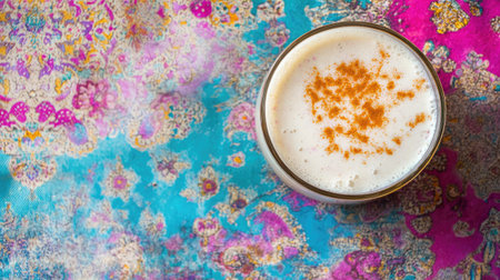 Top view of a glass of refreshing jalebi rabri on a colorful traditional background. Copy space available.の素材