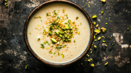 Top view of a kulhad filled with lassi, garnished with chopped pistachios. Close-up with copy space.の素材