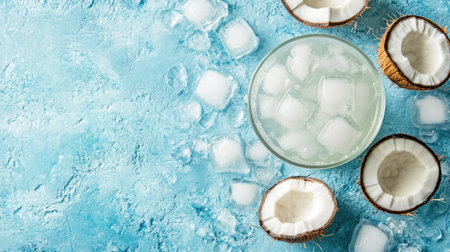 Top view of a glass of chilled coconut water with coconut slices and ice cubes. Copy space available.の素材
