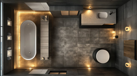 Bathroom with modern amenities and elegant lighting. Top view with copy space availableの素材
