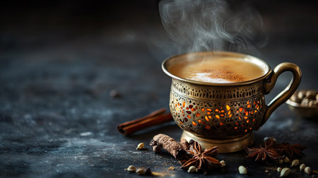 Steaming cup of masala chai in a traditional brass cup, surrounded by whole spices. Copy space.の素材