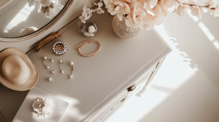 Bedroom dresser with a mirror, jewelry, and decorative items. Top view, copy space availableの素材