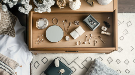 Bedroom dresser with a mirror, jewelry, and decorative items. Top view, copy space availableの素材