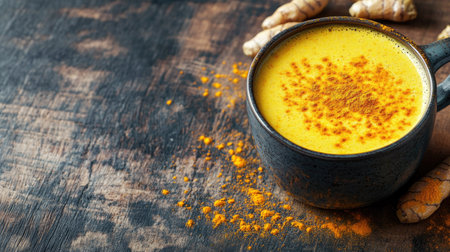 A cup of spiced turmeric milk (haldi doodh) with a sprinkle of turmeric powder on a wooden table. Copy space.の素材