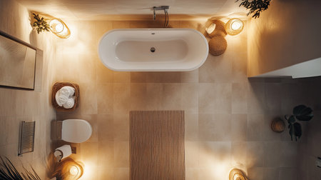 Bathroom with elegant lighting, a fan, and sleek fixtures. Top view with ample copy spaceの素材