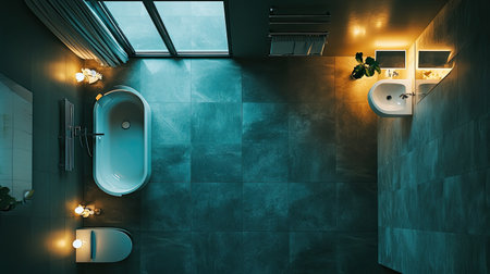 Bathroom with elegant lighting, a fan, and sleek fixtures. Top view with ample copy spaceの素材