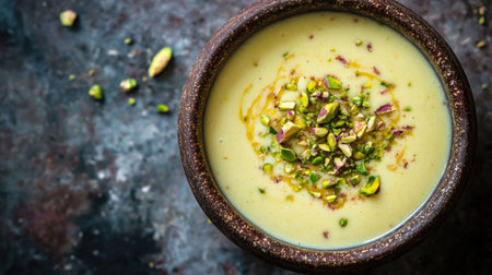 Top view of a kulhad filled with lassi, garnished with chopped pistachios. Close-up with copy space.の素材
