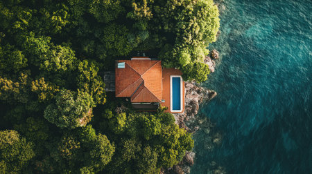Charming coastal house with a panoramic view of the sea, surrounded by lush greenery. Top view with ample copy spaceの素材