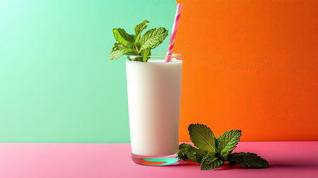 A glass of refreshing mint lassi with mint leaves and a straw on a colorful background. Copy space.の素材
